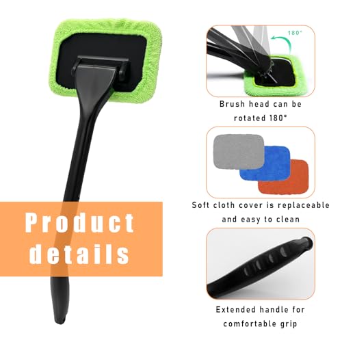 Ohleats Car Windshield Cleaning Tool, Microfiber Window Cleaner with 4 Washable and Reusable Cloth Pad & Long Handle, Auto Glass Wiper Cleaning Kit with Spray Bottle, Car Accessories - size: 6×4 inches