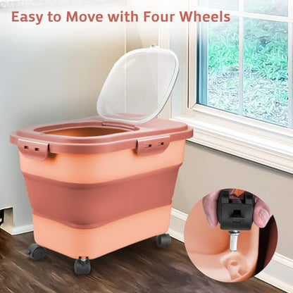 Komzon Rice Storage Containers, Collapsible 20 to 30Lbs Food Storage Bin Dispenser with Rolling Wheel and Clear Airtight Lid, BPA Free Flour, Sugar, Cereal and Dog Cat Pet food Containers - color: Pink