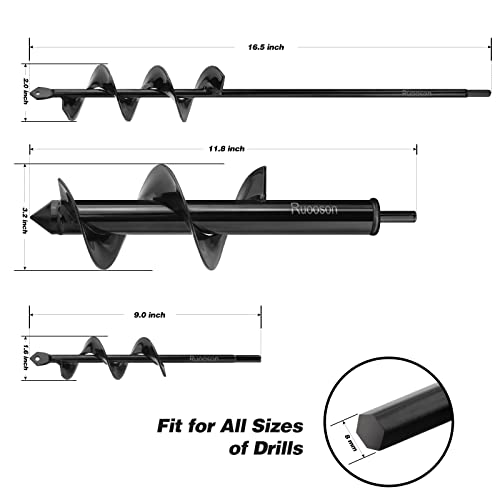 3Pcs Garden Drill Auger Planter, 1.6x9 +2x16.5 +3.2x11.8 in>Ruooson Spiral for Planting Flower Bulb Auger, Rapid Planter Digger for 3/8" Hex Drive (1.6x9 in+2x16.5 in+3.2x11.8 in) - size: 1.6x9 +2x16.5 +3.2x11.8 in