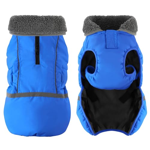 Dogcheer Warm Dog Coat, Waterproof Dog Jacket Christmas Puppy Winter Coat with Buckle, Reflective Adjustable Pet Snow Jacket Turtleneck Fleece Sweater for Small Medium Large Dogs - Blue, M - color: Blue, size: Medium