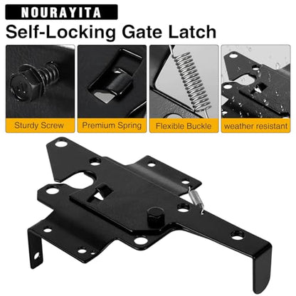 Self Closing Gate Hinge and Latch Kit for Wooden/Vinyl Fence Gate | Heavy Duty Rust Proof Gate Hardware Kit,4 Adjustable Self Closing Hinges & 2 Post Mount Self Locking Gate Latch (Black)