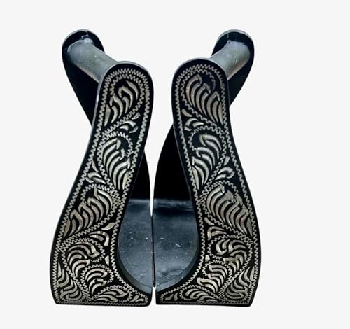 Majestic Ally Western Horse Aluminum Black Engraved Stirrups- Adults - style: Silver Black Twisted