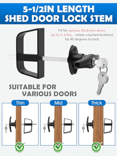 Shed Door T-Handle Lock Latch Kit with 4 Keys, Shed Barn Coop Storage Door T-Lock Set, Adjustable 5-1/2" Stem, with Spring Loaded Gate Pin Bolt Latch - 1 Lock+2 Latch - style: Lock 5-1/2" + Latch 6in