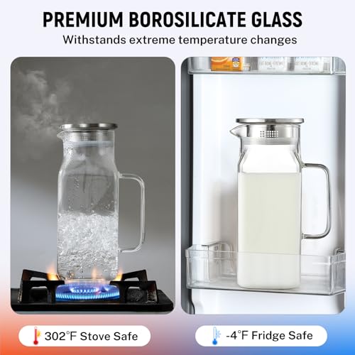 Netany 2 Pack 1.2 Liters/40 oz Small Square Glass Pitcher with Lid and Handle for Fridge, Iced Tea and Coffee Carafe Storage Container, Resistant to Hot and Cold Borosilicate Jug - size: 40 oz Clear