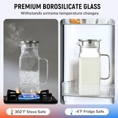 Netany 2 Pack 1.2 Liters/40 oz Small Square Glass Pitcher with Lid and Handle for Fridge, Iced Tea and Coffee Carafe Storage Container, Resistant to Hot and Cold Borosilicate Jug - size: 40 oz Clear