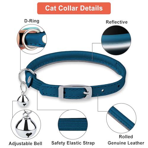 OOPSDOGGY Rolled Leather Cat Collar with Bell, Reflective Kitten Collars with Buckle Include Safety Elastic Strap - Adjustable Small Pet Collars for Boy Girl Cats (Blue) - color: Blue