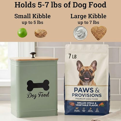 Metal Dog Food Container 5-7lb, 25 Cup w/ Airtight Bamboo Lid, Metal Handle - color: Sage Green: Bone