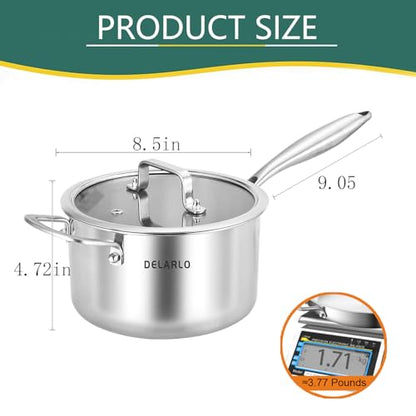 DELARLO Full-body Clad Tri-ply Stainless Steel 3.5 Quart Saucepan with Lid - color: Silver, size: 3.5 Quarts