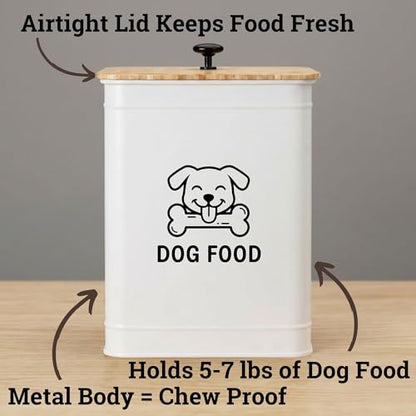 Metal Dog Food Container 5-7lb, 25 Cup w/ Airtight Bamboo Lid, Metal Handle - color: White: Dog Face