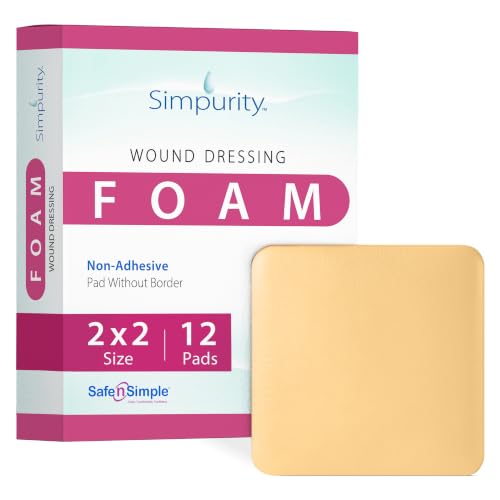 Safe n' Simple Medical Dressing for Wounds - 12 Pack Thick Pads 2" x 2" - Highly Absorbent Non-Adherent Foam Padding