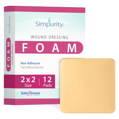 Safe n' Simple Medical Dressing for Wounds - 12 Pack Thick Pads 2" x 2" - Highly Absorbent Non-Adherent Foam Padding