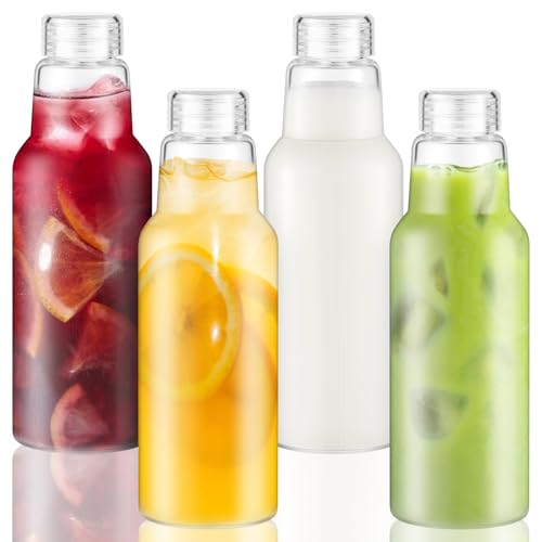 CWHHRN 34 Oz Glass Juice Bottles with Lids, 4 Pack Glass Bottles | BPA Free Leakproof Borosilicate Glass, Beverage Storage & Shaker Bottles
