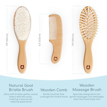 Wooden Hair Brush Set - Premium Baby Comb and Brush - Soft Natural Bristles - Organic Products - Perfect Registry Gift - Cradle Cap Brush for Newborns & Toddlers - color: 3 Pieces set - Oval