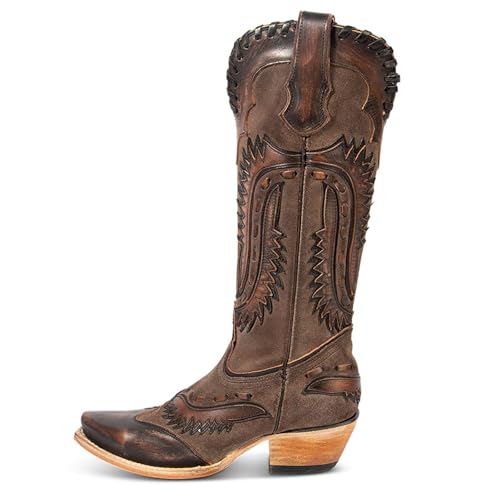 Yishaweiqi Embroidered Cowboy Boots for Women Mid Calf Cowgirl Boots Side Zipper Chunky Heel Snip Toe Knee High Western Boots - color: Dark Brown, size: 9.5