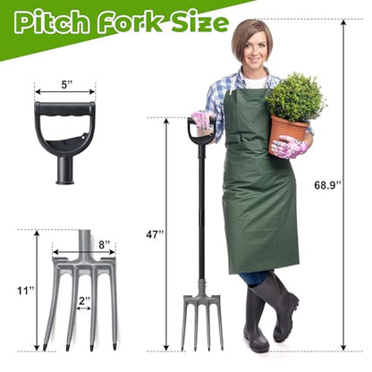 Pitch Fork, Metal Broadfork Garden Tool Long Handle, 4 Tine Mulch Hay Manure Digging Bedding Hay Potato Garden Fork Shovel for Gardening Loosening Soil Compost - size: 47"