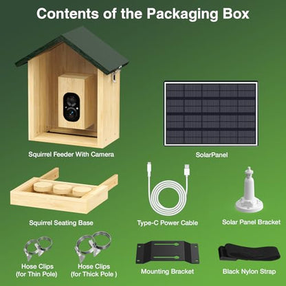 Wooden Squirrel Feeder with Camera, Solar-Powered, 2K HD+ Video | Cloud Storage, Large Capacity, Ideal for Squirrel Lovers
