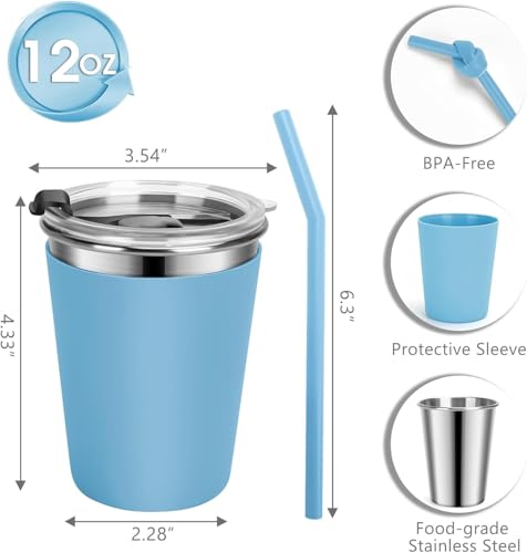 Stainless Steel Kids Cups with Lids, 5 Pack 12oz Spill Proof Cups - color: Light Blue, Green, Pink, Purple Yellow