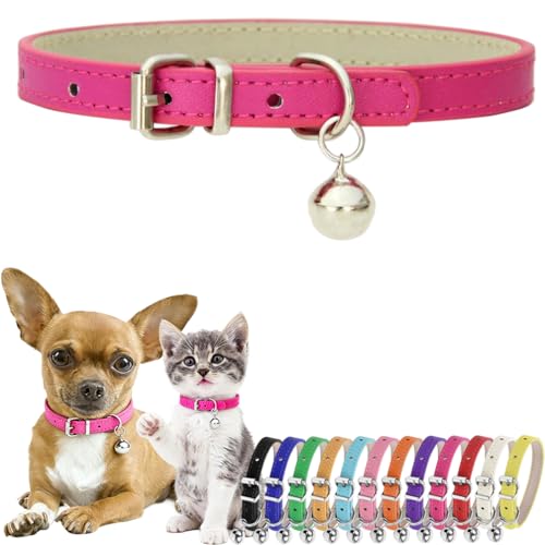 Kitten Collar with Bell, PU Leather Cat Dog Collar with Bells Hot Pink, XS - color: Hot Pink, size: XS (8-10.5 inches)