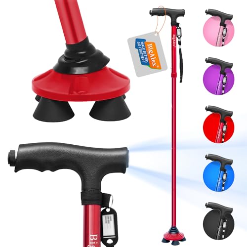 BigAlex Folding Walking Cane with LED Light,Pivoting Quad Base,Adjustable Walking Stick with Carrying Bag for Men/Women(5'5''-6'3'' Red) - color: Red