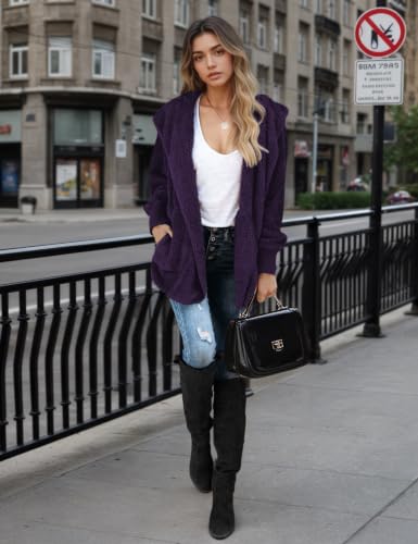 Zilcremo Women Hooded Cardigan Open Front Fuzzy Jacket - color: Purple, size: Medium