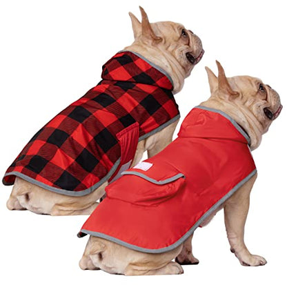 HDE 2-in-1 Reversible Dog Raincoat Hooded Poncho Rain Jacket Red Plaid M - color: Buffalo Plaid / Red, size: Medium
