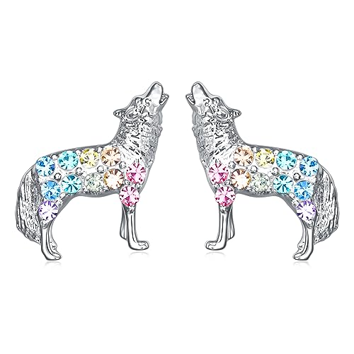 Cat Dinosaur Dragon Horse Stud Earrings for Women,Animal Wolf Sloth Fox LLama Butterfly Earrings Gifts Jewelry - color: Stud Wolf