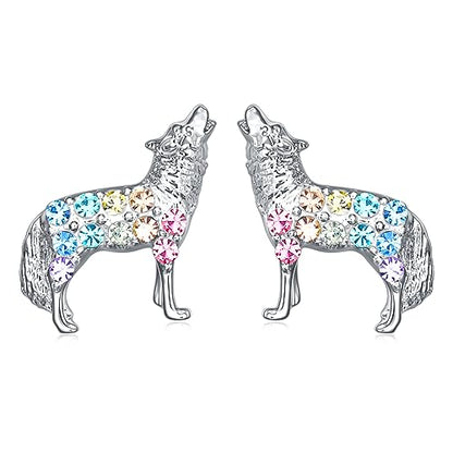 Cat Dinosaur Dragon Horse Stud Earrings for Women,Animal Wolf Sloth Fox LLama Butterfly Earrings Gifts Jewelry - color: Stud Wolf
