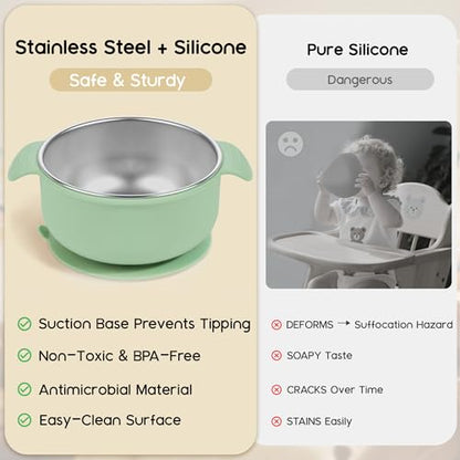Bella's Friends Life Baby Bowls with Suction Stainless Steel and Silicone, 4.3” for Toddlers Kids Feeding, Non-Slip, Non-Toxic, Mess-Free, Dishwasher Safe, Fit High Chair Size, 3 Pack - color: blue, green, beige