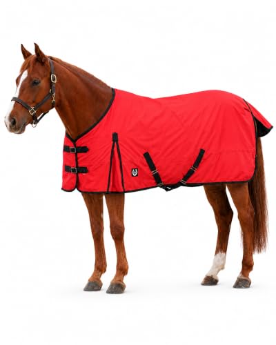 Horse Blanket 600D Ripstop Winter Turnout Blanket, 250 GSM Polyfill, 100% Waterproof & Breathable, Cold Weather Horse Blanket with Secure Fit (Red w/Black Trim),Size-72 - color: Red/ Black Trim, size: 72"