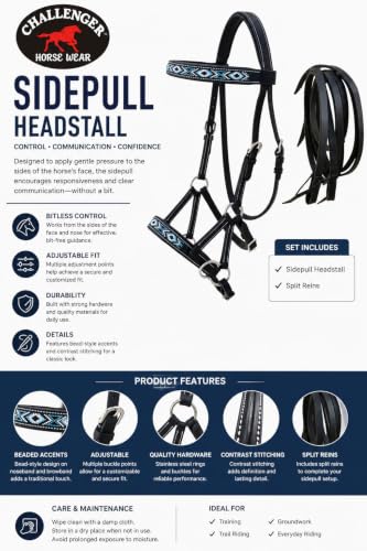 Horse Western English Leather Bitless Sidepull Bridle w/ Split Reins 77RS11 - color: Black
