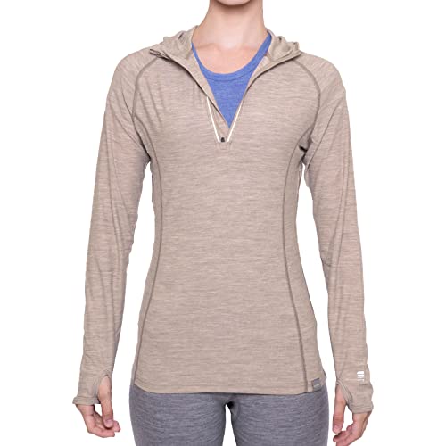 MERIWOOL Women’s Base Layer Hoodie Lightweight Merino Wool Long Sleeve Thermal - color: Khaki, size: Large