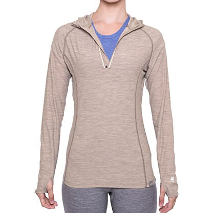 MERIWOOL Women’s Base Layer Hoodie Lightweight Merino Wool Long Sleeve Thermal - color: Khaki, size: Large