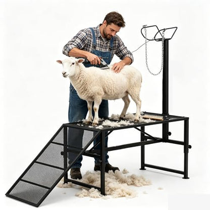 53x26"Goat Sheep Stand with Removable Ramp & Feed Tray, 1000LBS Livestock Trimming Stand, Adjustable Height for Milking Shearing Hoof Care Metal Construction