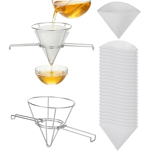 Cooking Oil Filter,Syrup Cone Filters Kit with 10 in Stainless Steel Cone Holder Fryer Strainer, 1 Thick Reusable Filter with Pre-Cut Slots and 24 Disposable Pre-Filters for Maple Sap Honey Milk
