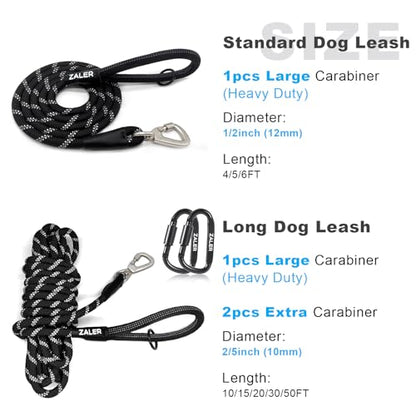 ZALER Rope Dog Leash, 4/5/6/10/15/20/30/50 Foot Reflective Dog Leashes with Carabiner, Heavy Duty Pet Lead for Large and Medium Dogs (4FT, Black) - color: Black, size: 4FT*1/2"
