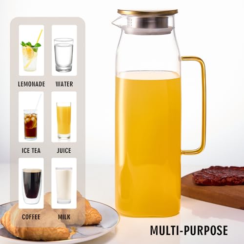 GLASKEY 74oz Square Glass Pitcher with Lid and Handle for Fridge,Borosilicate Glass Carafe for Hot or Cold Drink, Large Jug for Iced Tea,Coffee,Juice,Homemade Beverage (Gold) - size: 74 Ounces