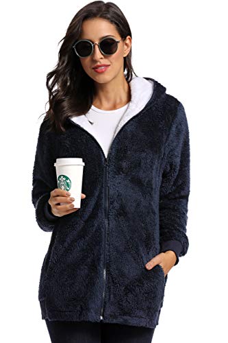 Fleece Coat for Women,Women's Oversized Zip Up Hooded Jacket Winter Plus Size Sherpa Coat - color: Anavyblue, size: Large