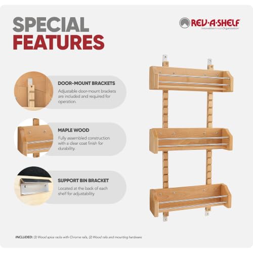 Rev-A-Shelf Pullout Wall Storage Organizer for Kitchen Cabinets, Sliding Door Mounted Spice Rack with 3 Adjustable Shelves, Maple Wood, 4ASR-18 - size: 13.13" W