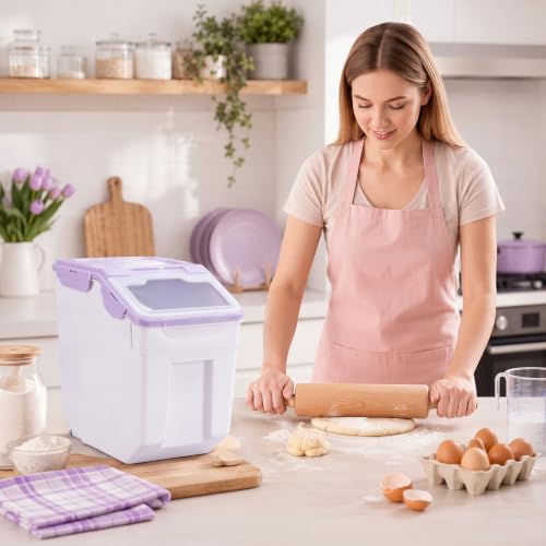 Sunnyray 4 Pcs 55 Lbs Rice Flour Storage Bins with Wheels, Purple - color: Purple, size: 55 lbs