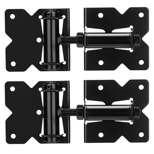 Self Closing Gate Hinges, Spring Loaded Gate Hinges, Shed Door Hinges for Vinyl/Wood Fence/Steal Gate, Self-Tapping Screws and Adjustment Tool, Black Finish, 2 Pack