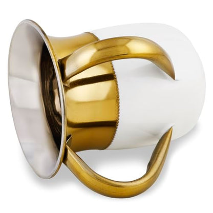 Zion Judaica Shabbat Exquisite Netilat Yadayim Cup 5" Durable Rustless Hand Washcup Lightweight 2 Tone White Enamel and Gold Brushed Metal Beautiful Passover Dual Handle Washing Cup Pesach Seder Decor