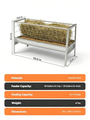 Pasture Feeder, 90 Gallons Multiple Sided Goat Hay Feeder, Stainless Steel Hay Rack with 27'' Wide Tray for Goats, Sheep, Horses, Lamb, Ease of Assembly, Detachable Grain Tray, Silver - style: Stainless Steel