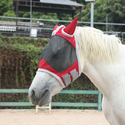Horse Fly Mask with Ears, Breathable Fine Mesh Red Pony - color: Red, size: Pony