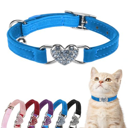 BINGPET Diamond Cat Collar with Bell, Adjustable Kitten Collar, Blue - color: Blue(Heart), size: Neck Girth 8"-10"