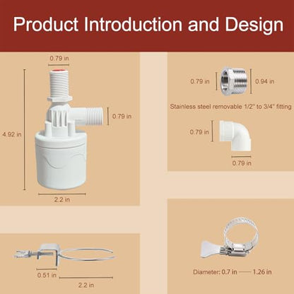 Chicken Waterer Float Valve Kit - Side Inlet, Compatible with Various Chicken Water Cups & Nipples, Includes Hole Opener, 4 Hose Clamps, Raw Tape, 1/2 to 3/4 Inch Adapter