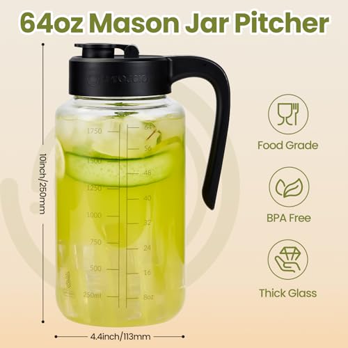 Mason Jar Pitcher 64 oz, Heat-Resistant Glass Pitcher with Lid and Handle, Leak-Proof & Airtight Sun Tea Glass Jar for Outside, Breastmilk, Cold Brew, and Iced Tea (1, black)