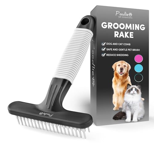 POODLIE Poodle Pet Dog Grooming Rake | Dematting Tool with Stainless Steel Shedding Comb for Pets | 2 Rows of Pins Gently Remove Loose or Tangled Hair from Undercoat (Black) - color: Black