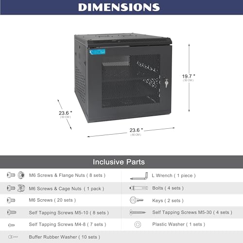 9U Wall Mount Server Cabinet with A Lockable Front Vented Door, Cooling Fans, Removable Side Panels - 60cm Depth, 19" Network Rack Including 2 PCS Full-Size Rack Shelves for IT Equipment - size: 9U/600mm Depth