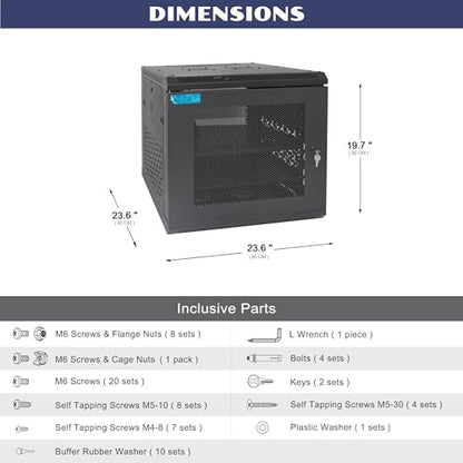 9U Wall Mount Server Cabinet with A Lockable Front Vented Door, Cooling Fans, Removable Side Panels - 60cm Depth, 19" Network Rack Including 2 PCS Full-Size Rack Shelves for IT Equipment - size: 9U/600mm Depth