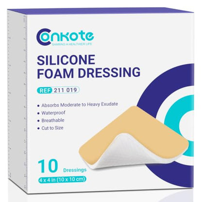 Conkote Silicone Foam Dressing Highly Absorbent 4"x4", 10 Pack | Wound Care Bandagefor Post-Operative, Pressure Ulcers, Diabetic Foot Ulcers, Venous Leg Ulcers - size: 4'' x 4''Adhesive (10 Dressings)